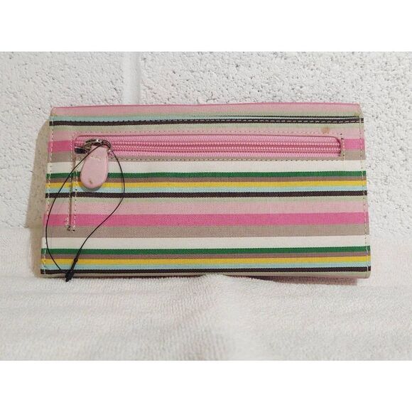 Kate Spade Multicolor Stripe Canvas Large Wallet Pink Lining Checkbook Holder - Picture 2 of 3